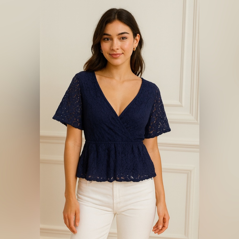 Trixxi Navy Lace Peplum Blouse